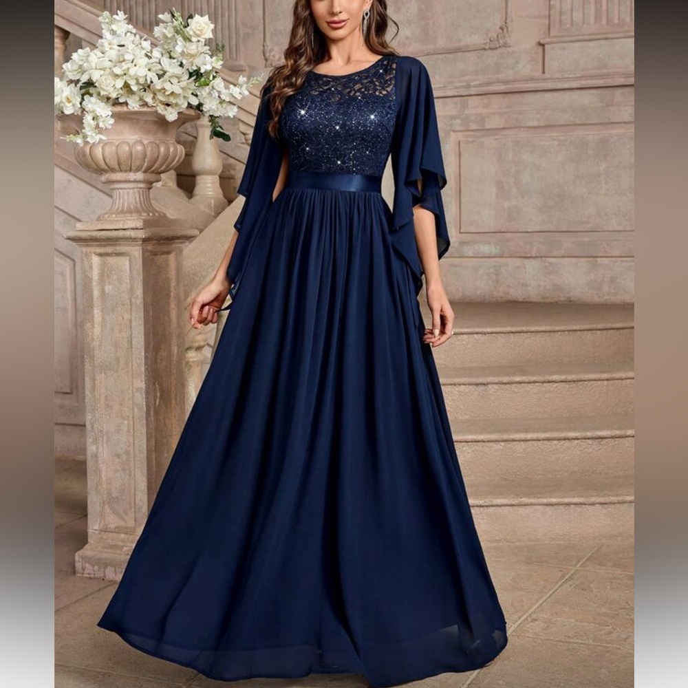 Elegant Navy Blue Maxi Dress with Cape Sleeves